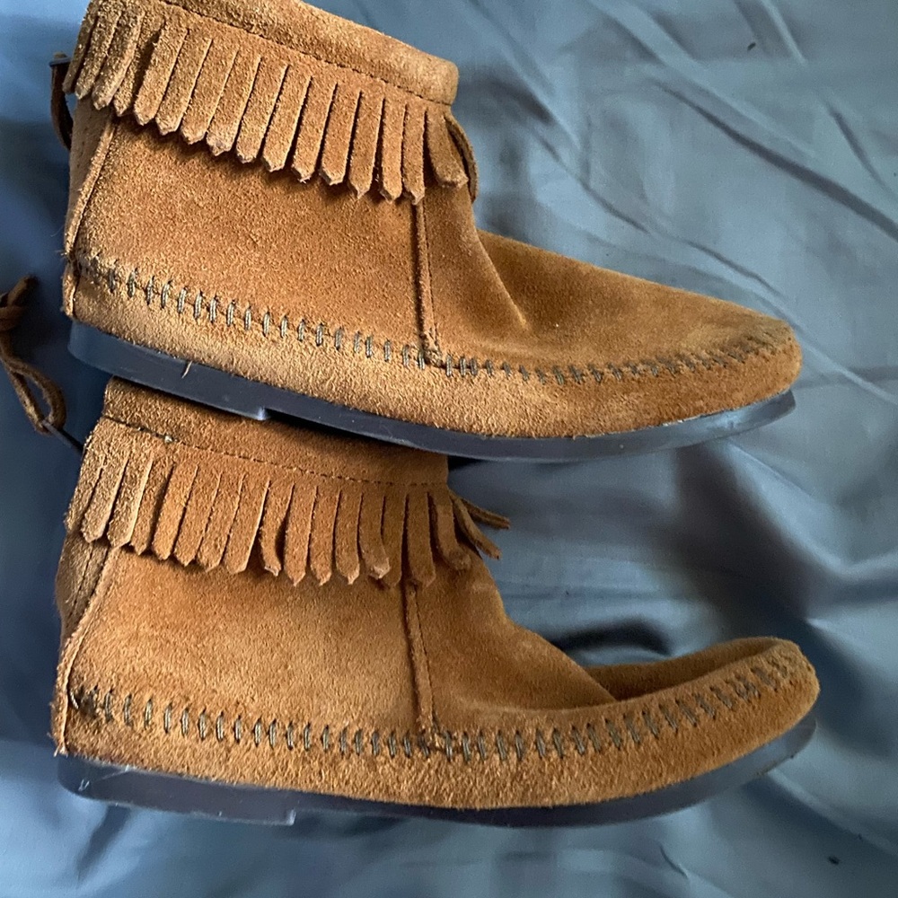 Minnetonka Brown Moccasins with Fringe Detail
